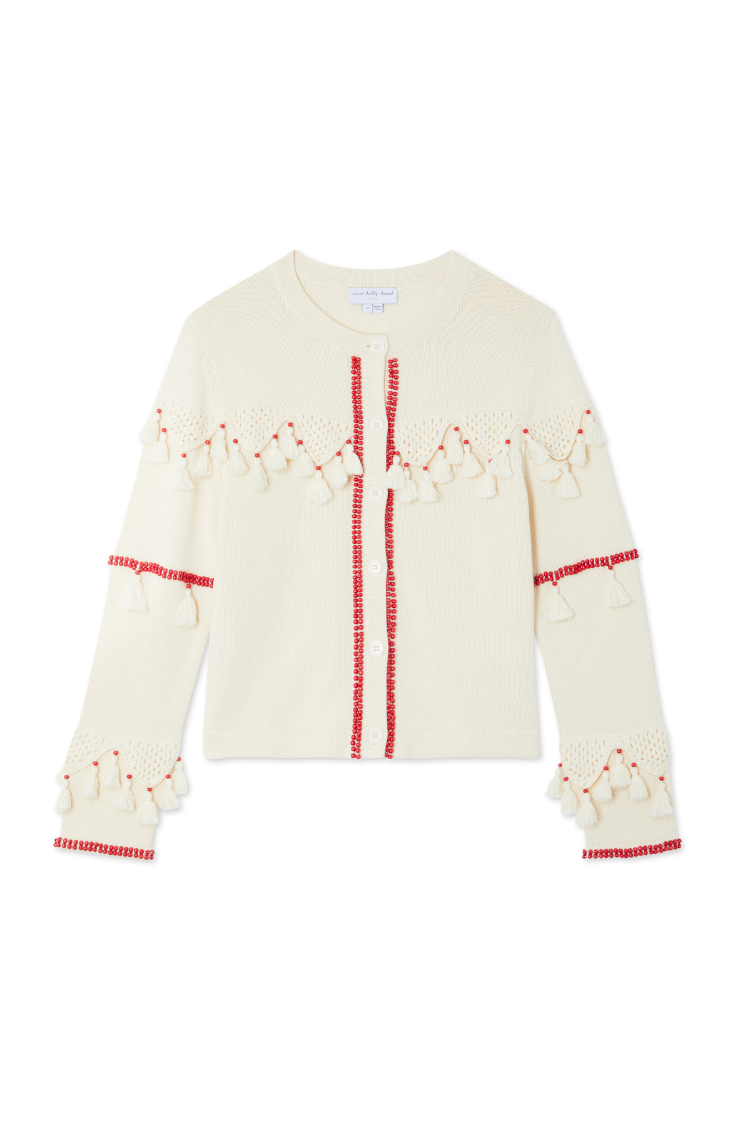 Lightweight Ivory & Red Knit Cardigan with Crochet Detailing | Harper