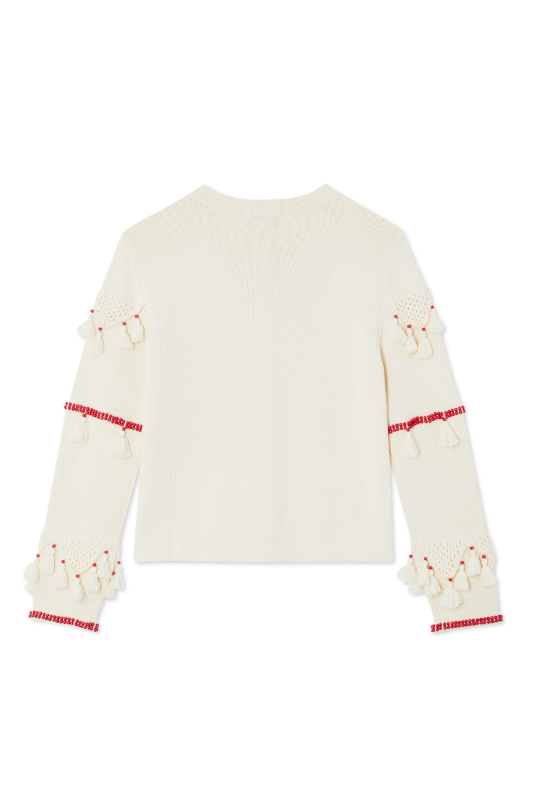Lightweight Ivory & Red Knit Cardigan with Crochet Detailing | Harper