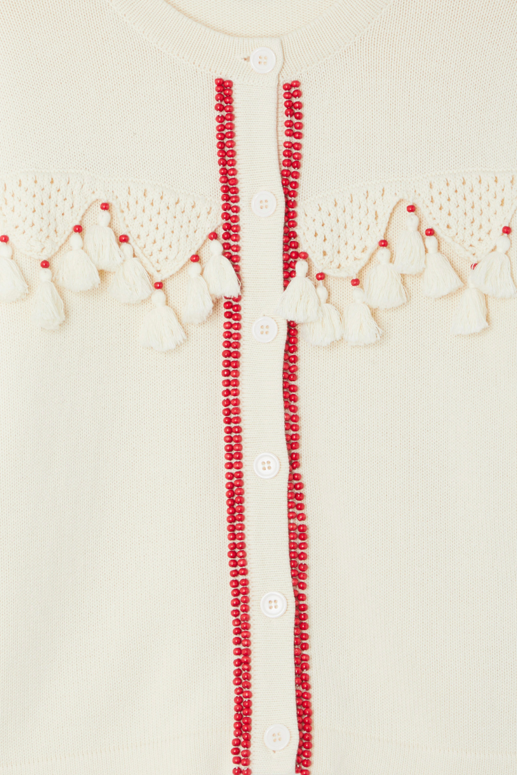 Lightweight Ivory & Red Knit Cardigan with Crochet Detailing | Harper