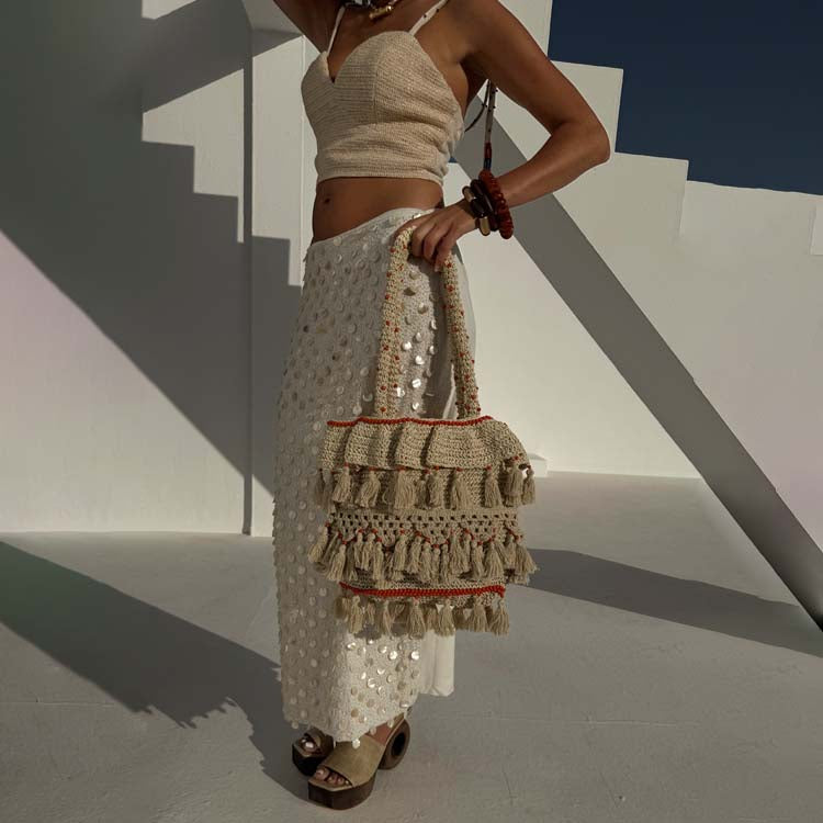 Cream Pearlescent Shell Beaded Doris Skirt | Handcrafted Cotton & Flax