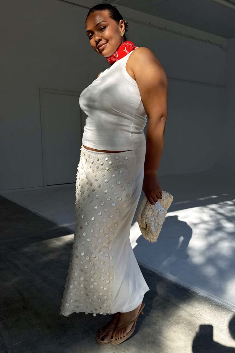 Cream Pearlescent Shell Beaded Doris Skirt | Handcrafted Cotton & Flax