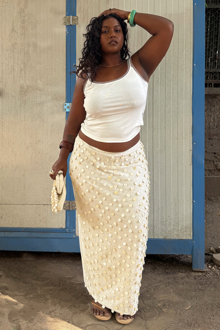 Cream Pearlescent Shell Beaded Doris Skirt | Handcrafted Cotton & Flax