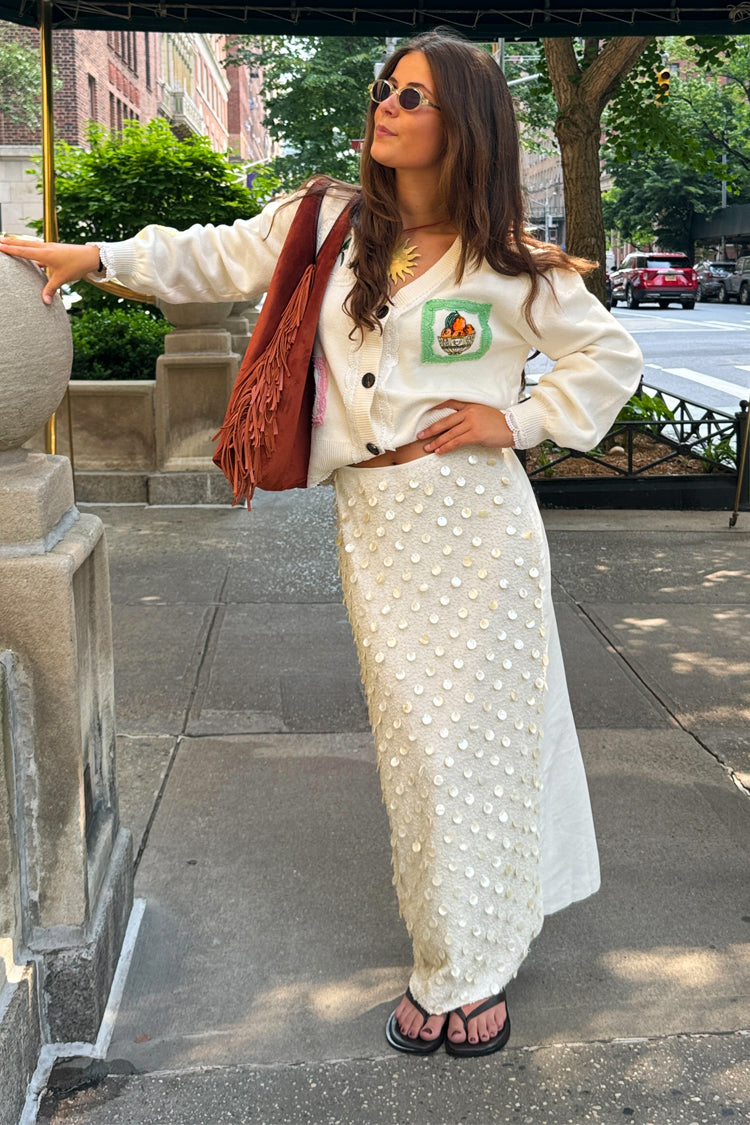 Cream Pearlescent Shell Beaded Doris Skirt | Handcrafted Cotton & Flax