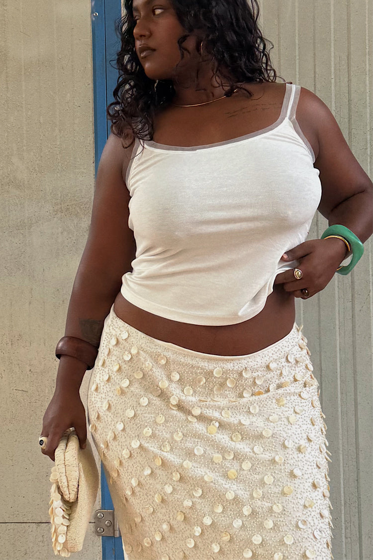 Cream Pearlescent Shell Beaded Doris Skirt | Handcrafted Cotton & Flax