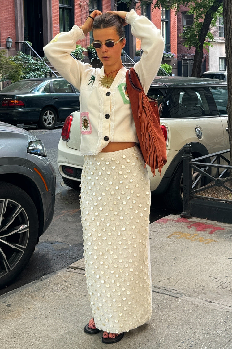 Cream Pearlescent Shell Beaded Doris Skirt | Handcrafted Cotton & Flax