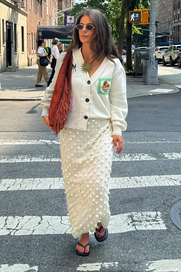 Cream Pearlescent Shell Beaded Doris Skirt | Handcrafted Cotton & Flax