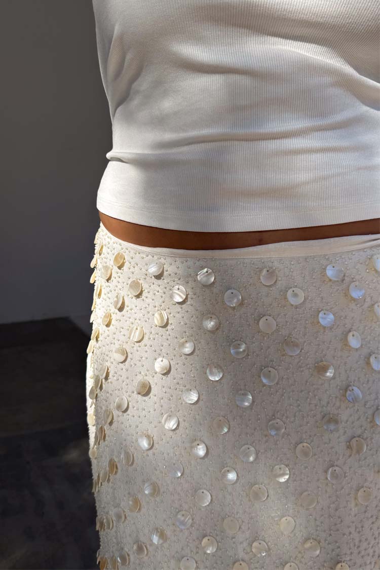 Cream Pearlescent Shell Beaded Doris Skirt | Handcrafted Cotton & Flax