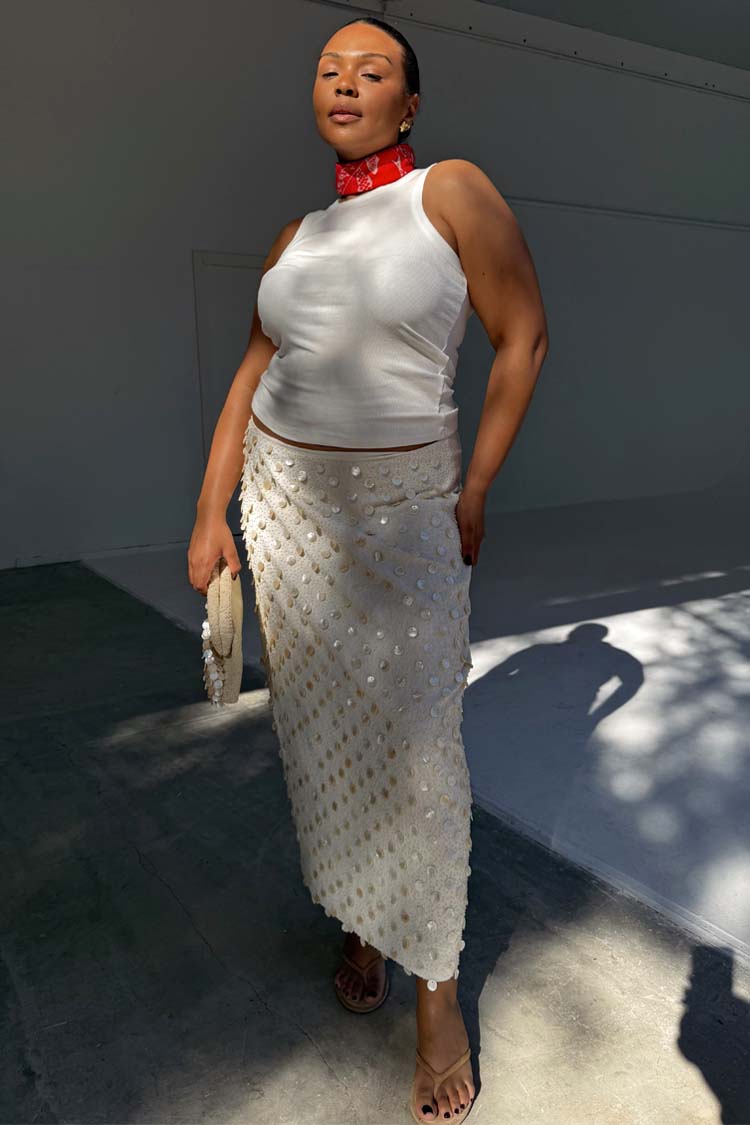 Cream Pearlescent Shell Beaded Doris Skirt | Handcrafted Cotton & Flax