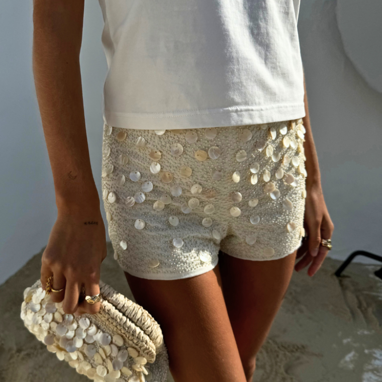 Shell Embellished Hot Pants with Beaded Details | Cream Summer Shorts