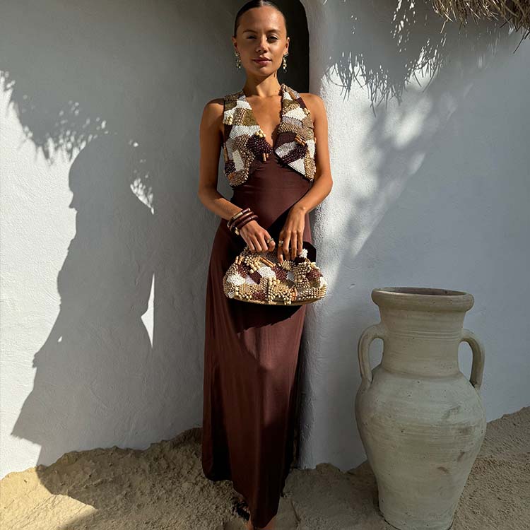 Chocolate Beaded Dress with Satin Skirt for Parties & Events | Allegra