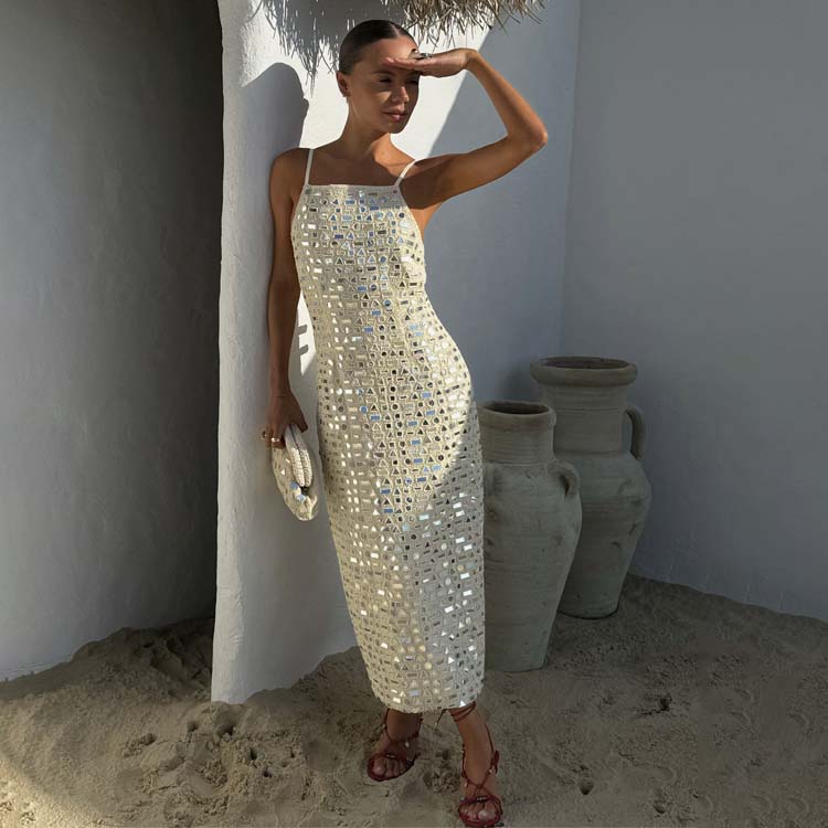 Cream Mirror Beaded Midi Dress with Adjustable Straps | Taliah