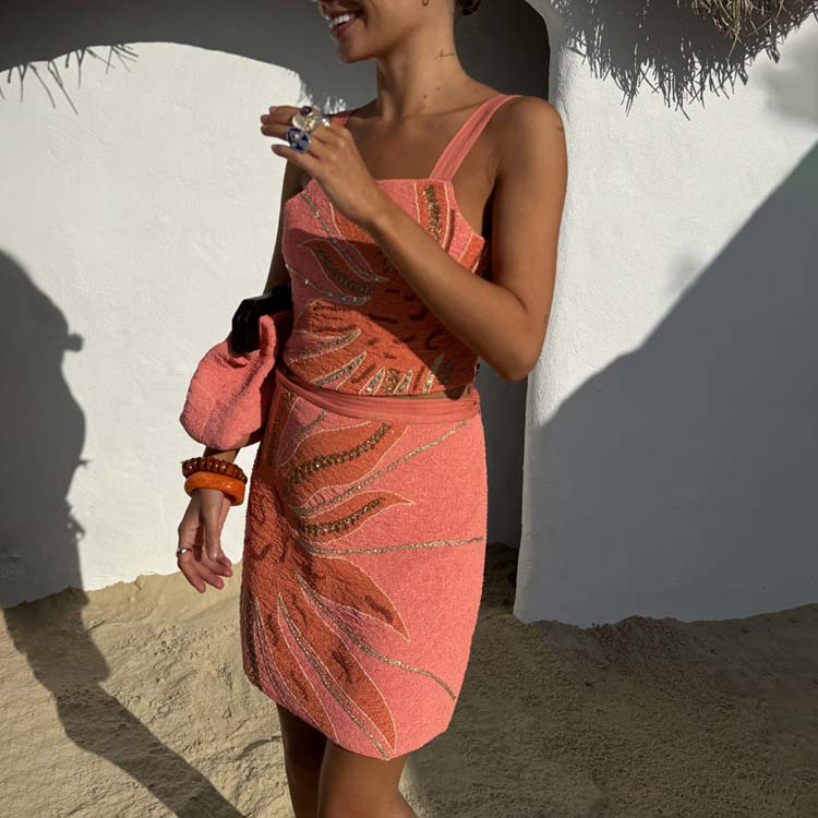 Pink Beaded Wrap Skirt with Gold Sequins | Hand Embroidered