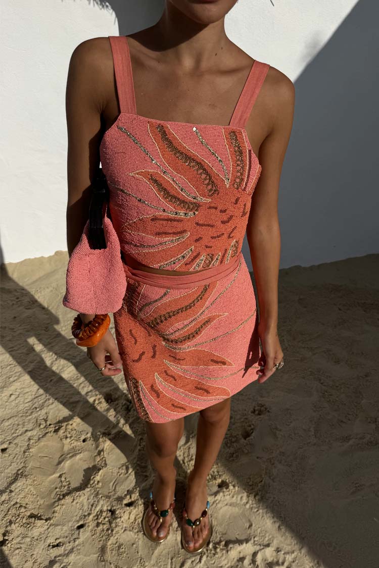 Pink Beaded Wrap Skirt with Gold Sequins | Hand Embroidered