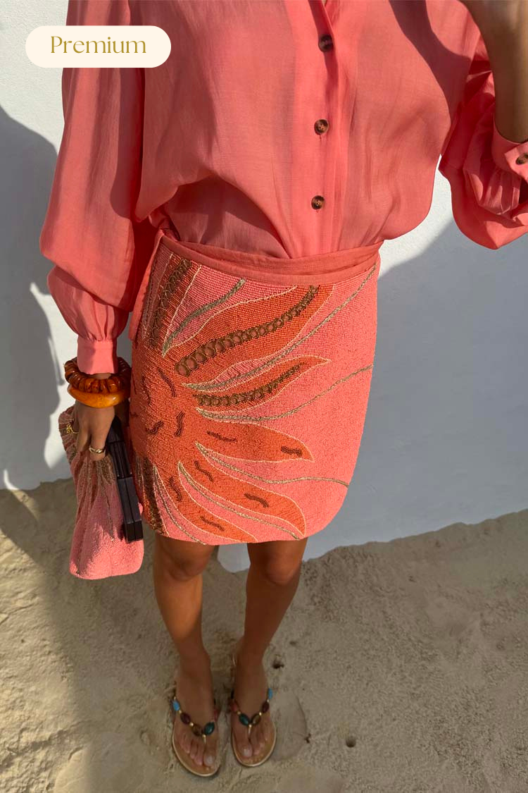 Pink Beaded Wrap Skirt with Gold Sequins | Hand Embroidered