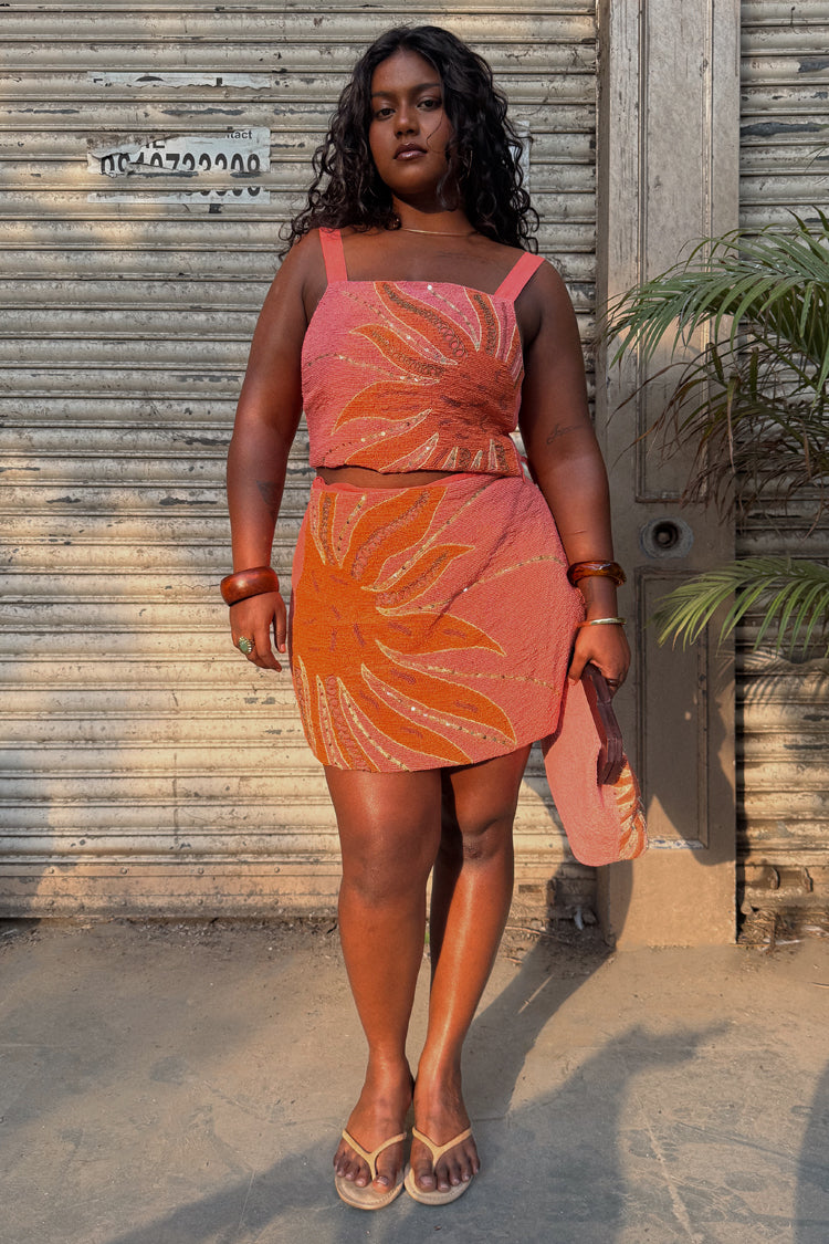 Pink Beaded Wrap Skirt with Gold Sequins | Hand Embroidered