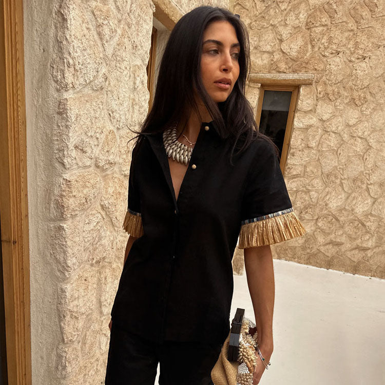 Black Raffia Shirt with Crochet Buttons & Fringing | Linen-Cotton Blend
