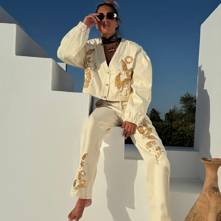 Embroidered Raffia Barrel Leg Jeans with Scallop Detailing | NFD