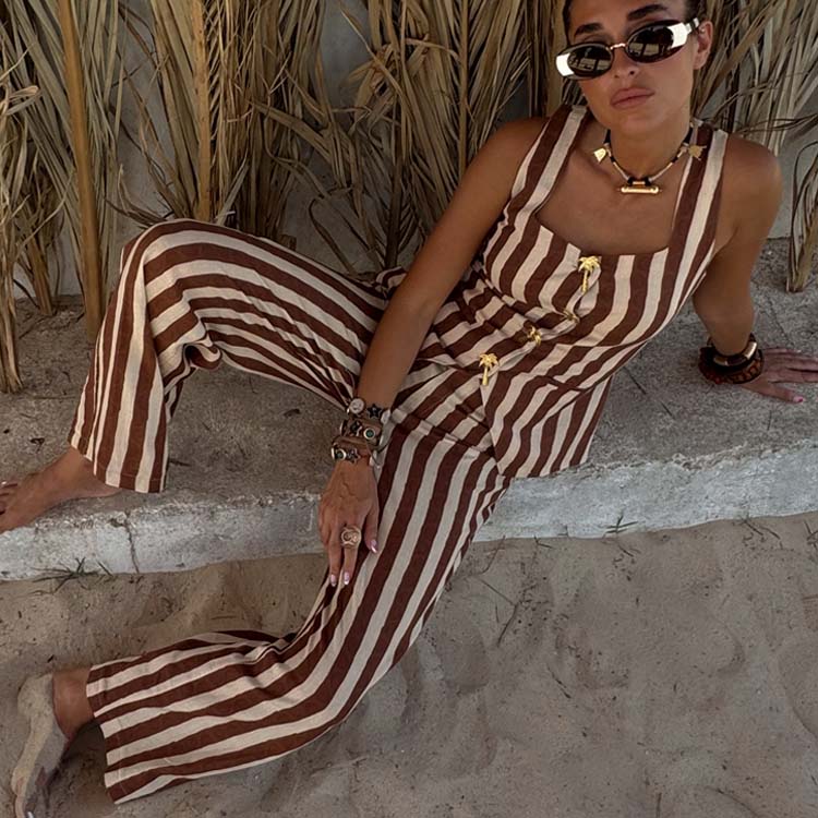 Chocolate Stripe Cotton-Linen Trousers with Embroidered Palms | Casual & Holiday Wear