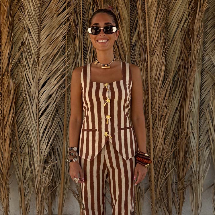 Chocolate Stripe Waistcoat with Moon Print & Gold Charm | Cotton-Linen Blend