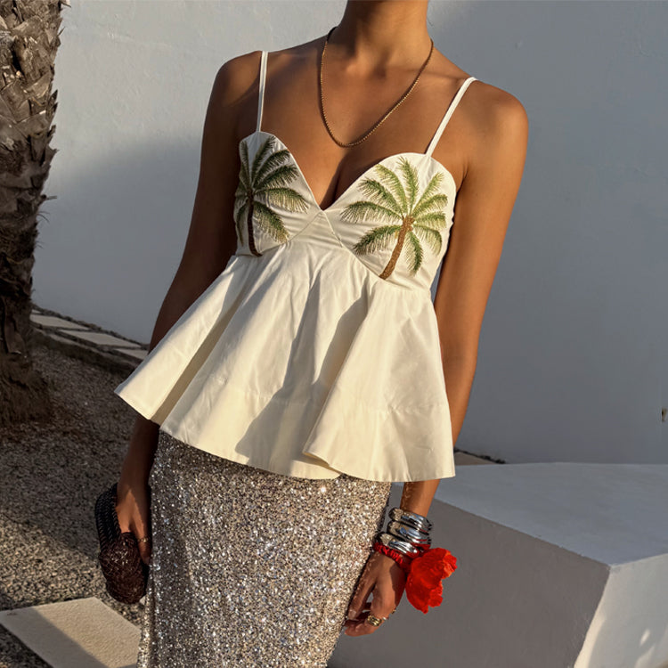 Ivory Palm Print Cotton Top with Adjustable Straps | Nara