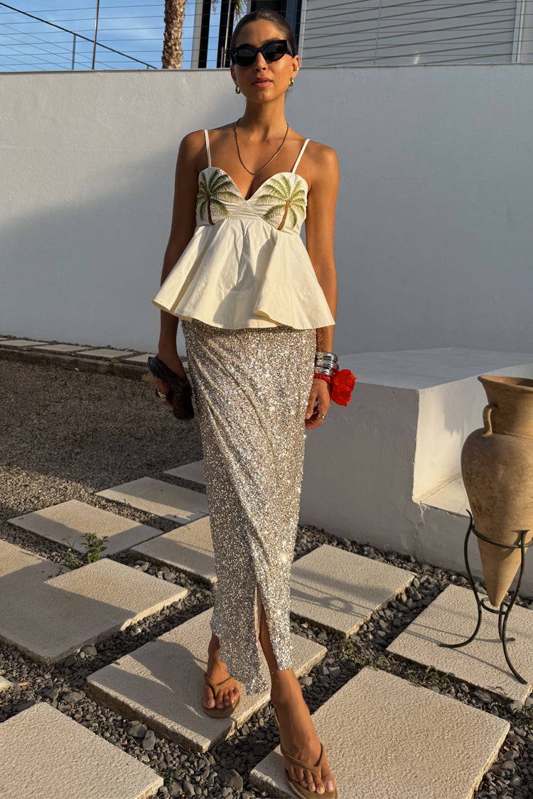Ivory Palm Print Cotton Top with Adjustable Straps | Nara