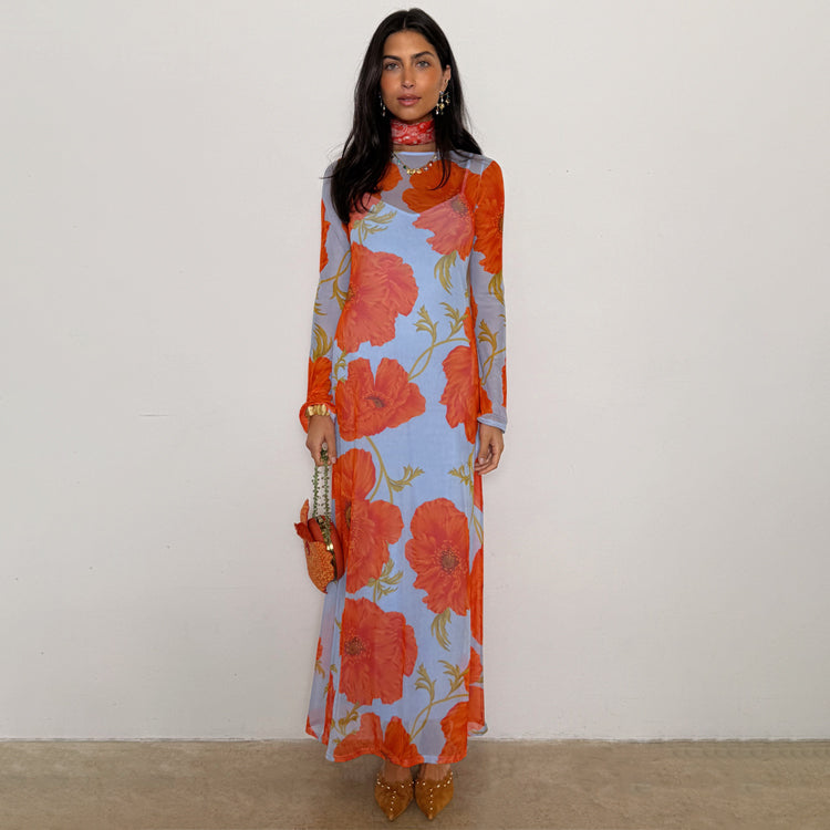 Blue Poppy Print Mesh Dress with Slip | Sheer Aria Style