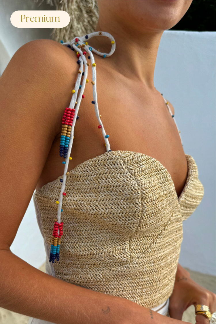 Raffia & Linen Corset Top with Beaded Straps | NFD Cecilia