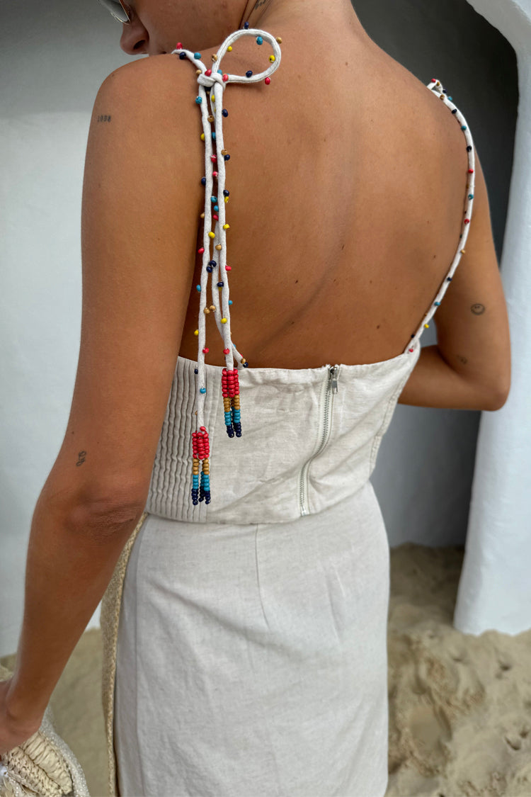 Raffia & Linen Corset Top with Beaded Straps | NFD Cecilia
