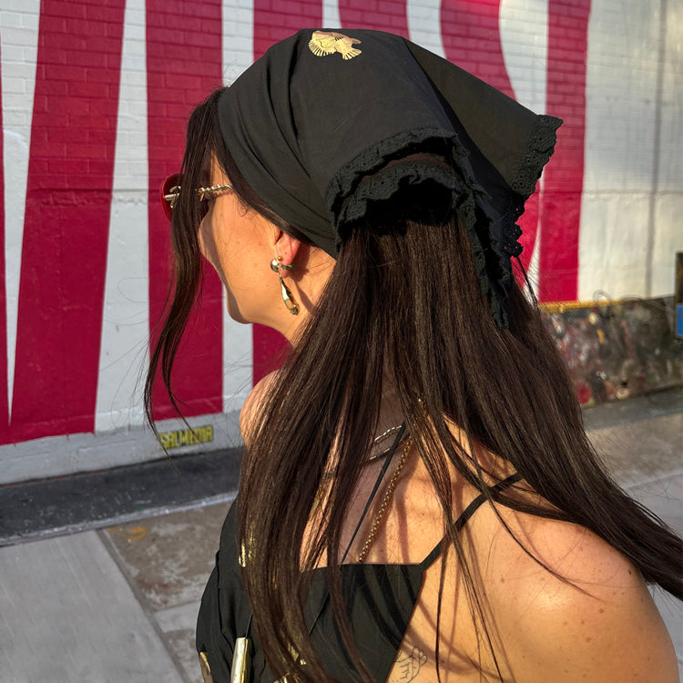 Black Bandana with Gold Fish Design & Frilled Trim