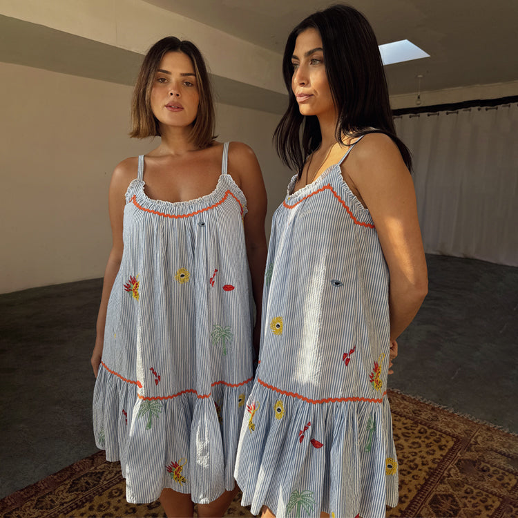 Blue Embroidered Cotton Slip Dress for Summer | Adjustable Straps