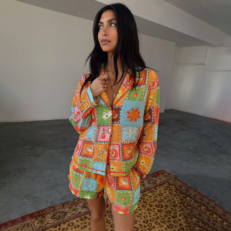 Patchwork Cotton Pyjama Set with Button-Up Top | Soller