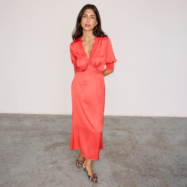 Red Lace Dress with Elastic Cuffs & Back | Timeless Feminine Style