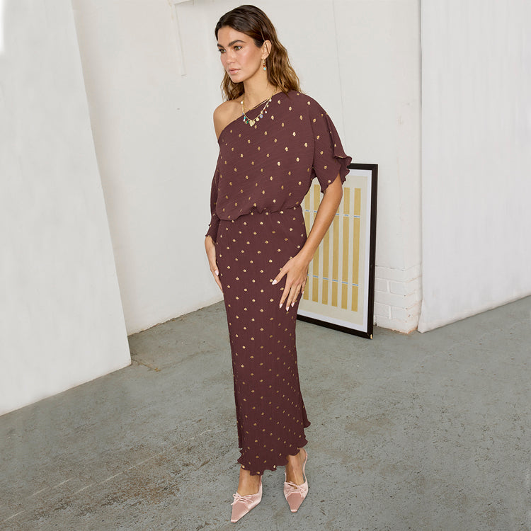 Chocolate Brown Off Shoulder Dress with Elastic Waist | Tilly Dress