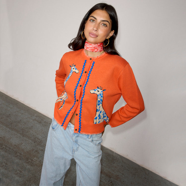 Giraffe Print Knit Cardigan for Women | Button-Up & Breastfeeding Friendly