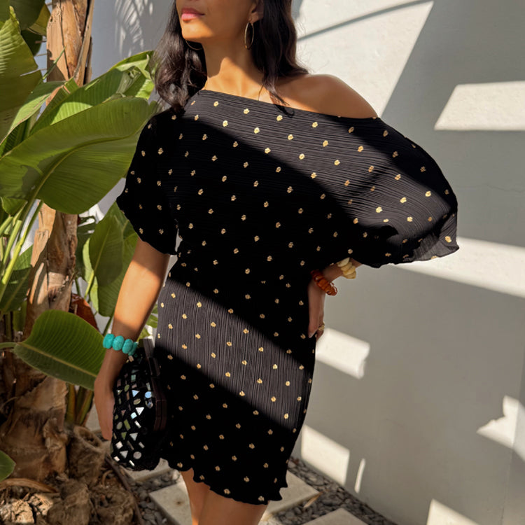 Black Plisse Mini Dress with Elastic Waist & Off-Shoulder | Tilly