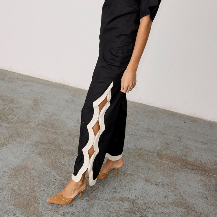 Black Wide Leg Trousers with Scallop Trim & Side Buttons | Mono