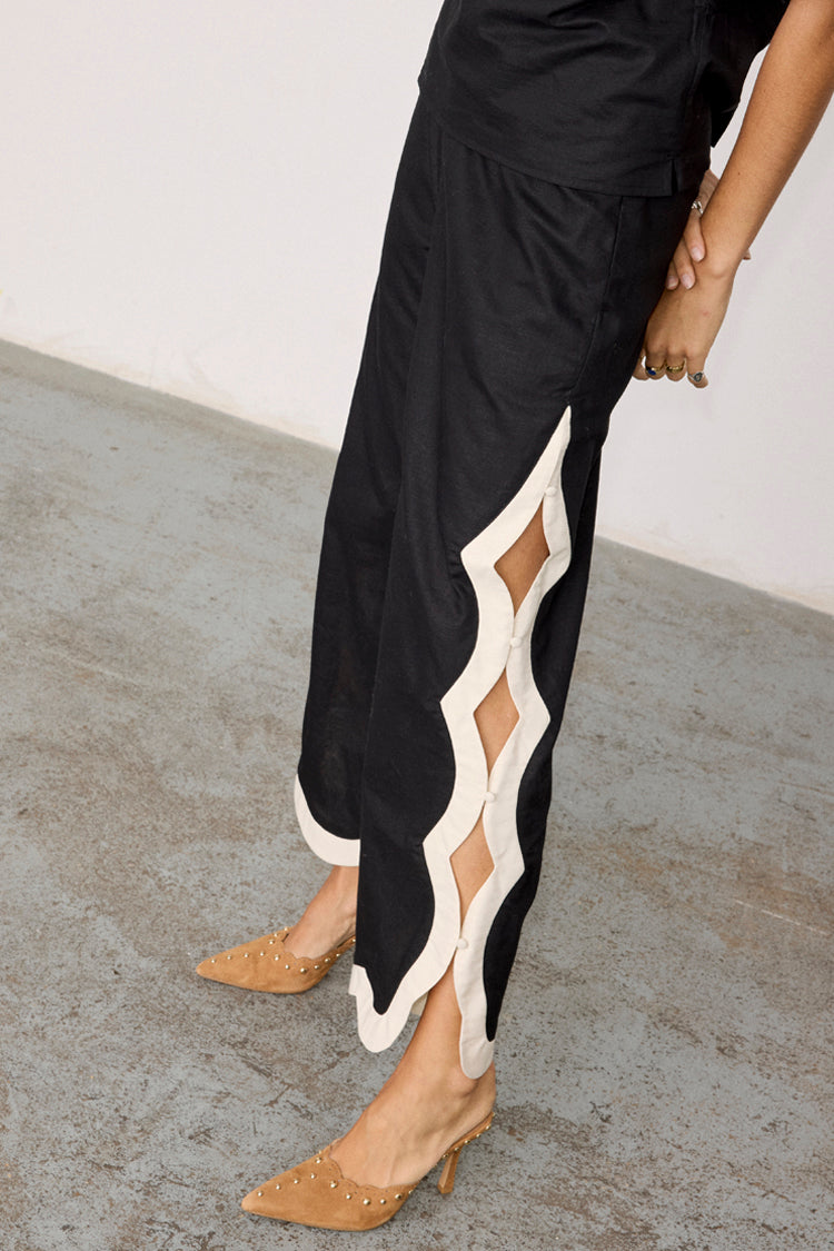 Black Wide Leg Trousers with Scallop Trim & Side Buttons | Mono