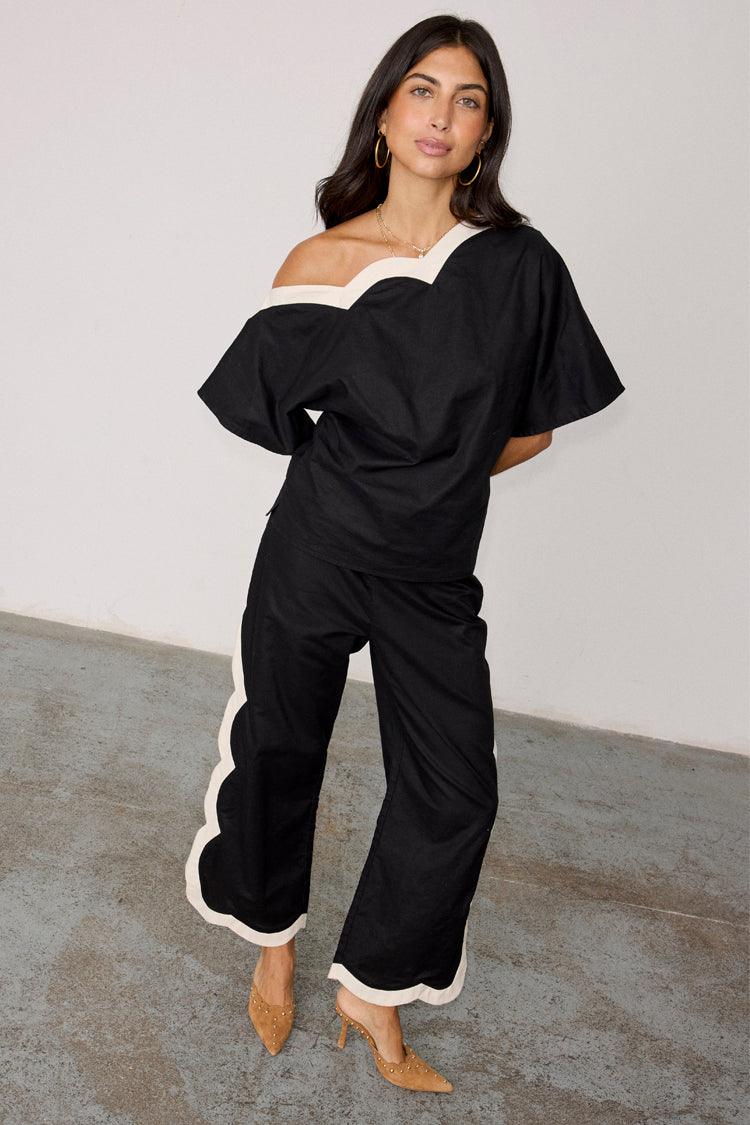 Black Wide Leg Trousers with Scallop Trim & Side Buttons | Mono