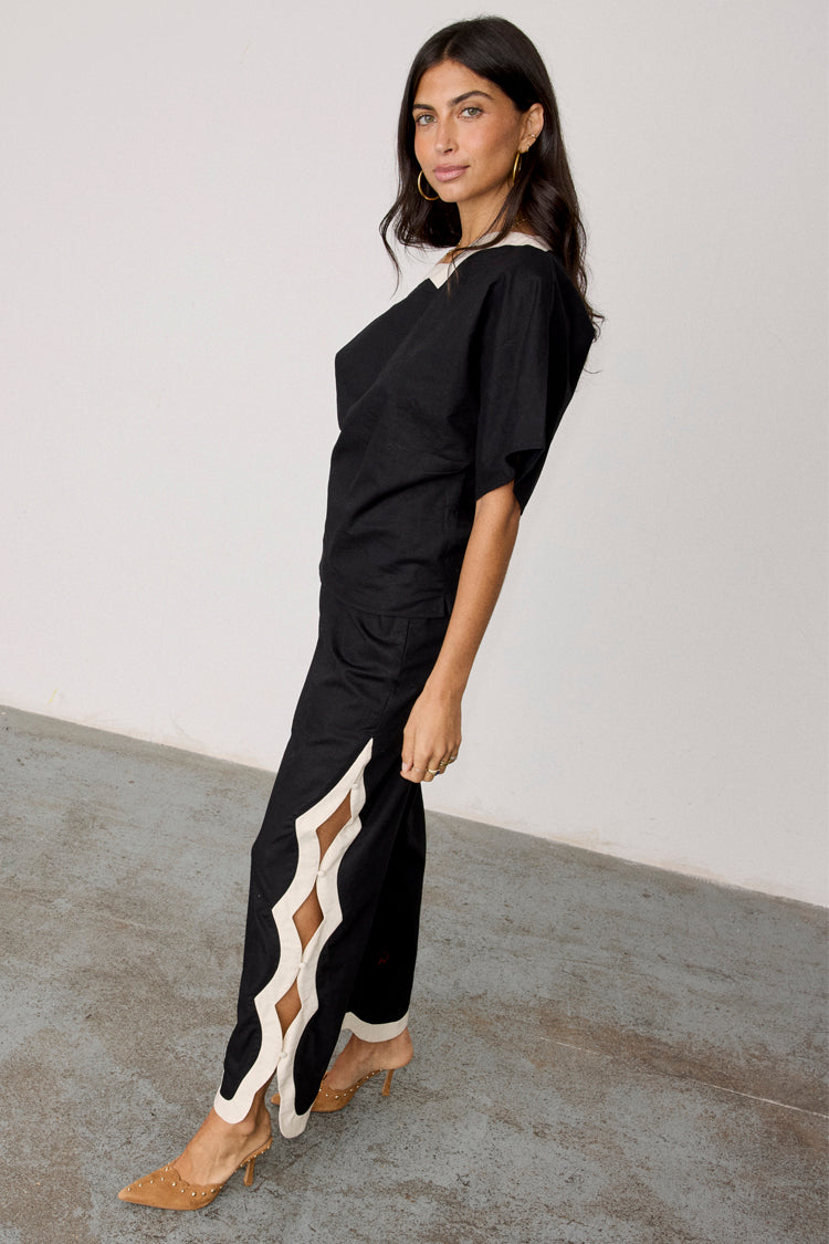 Black Wide Leg Trousers with Scallop Trim & Side Buttons | Mono