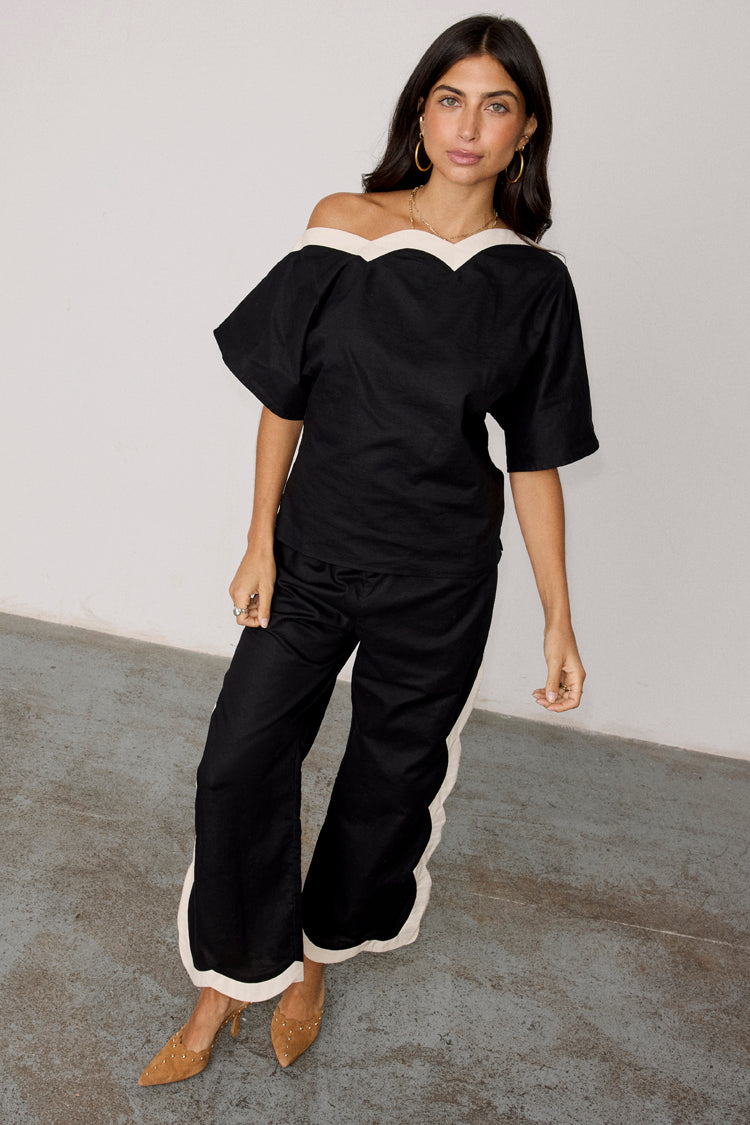 Black Wide Leg Trousers with Scallop Trim & Side Buttons | Mono