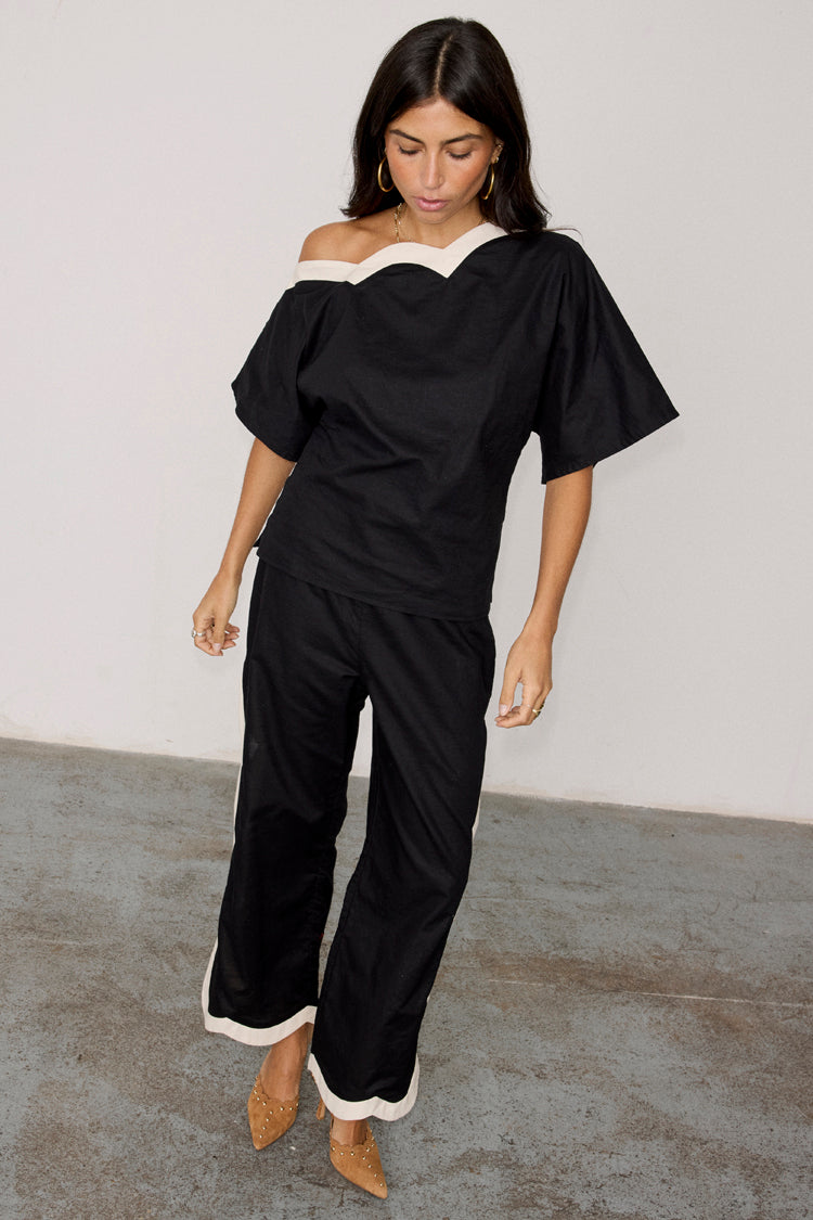Black Wide Leg Trousers with Scallop Trim & Side Buttons | Mono