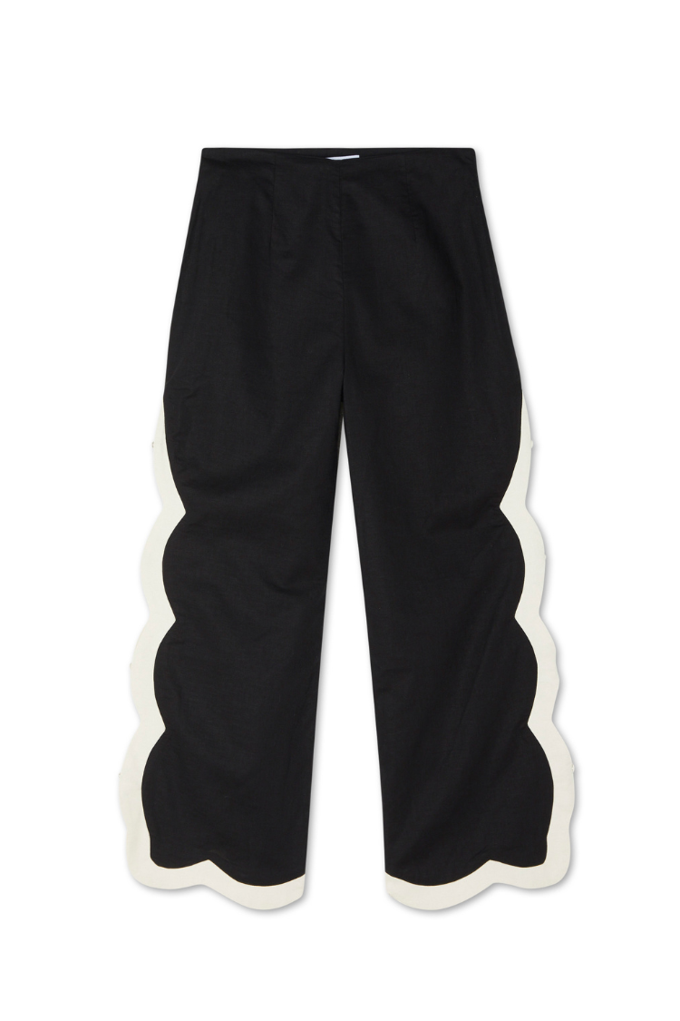 Black Wide Leg Trousers with Scallop Trim & Side Buttons | Mono