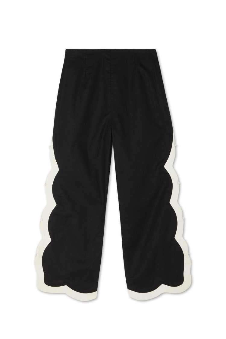 Black Wide Leg Trousers with Scallop Trim & Side Buttons | Mono