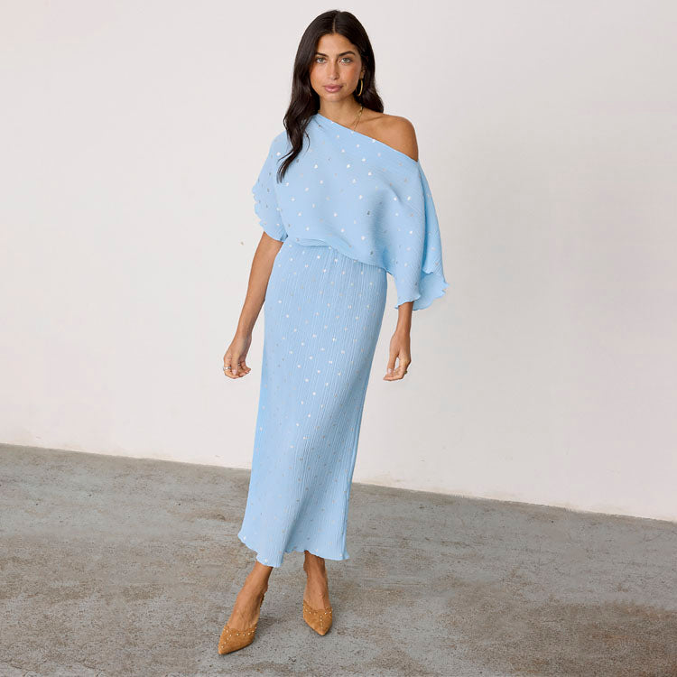 Ice Blue Plisse Tilly Dress with Elastic Waist | Summer Wedding & Vacation