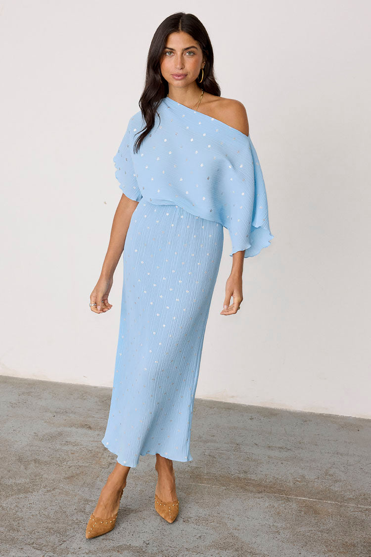 Ice Blue Plisse Tilly Dress with Elastic Waist | Summer Wedding & Vacation