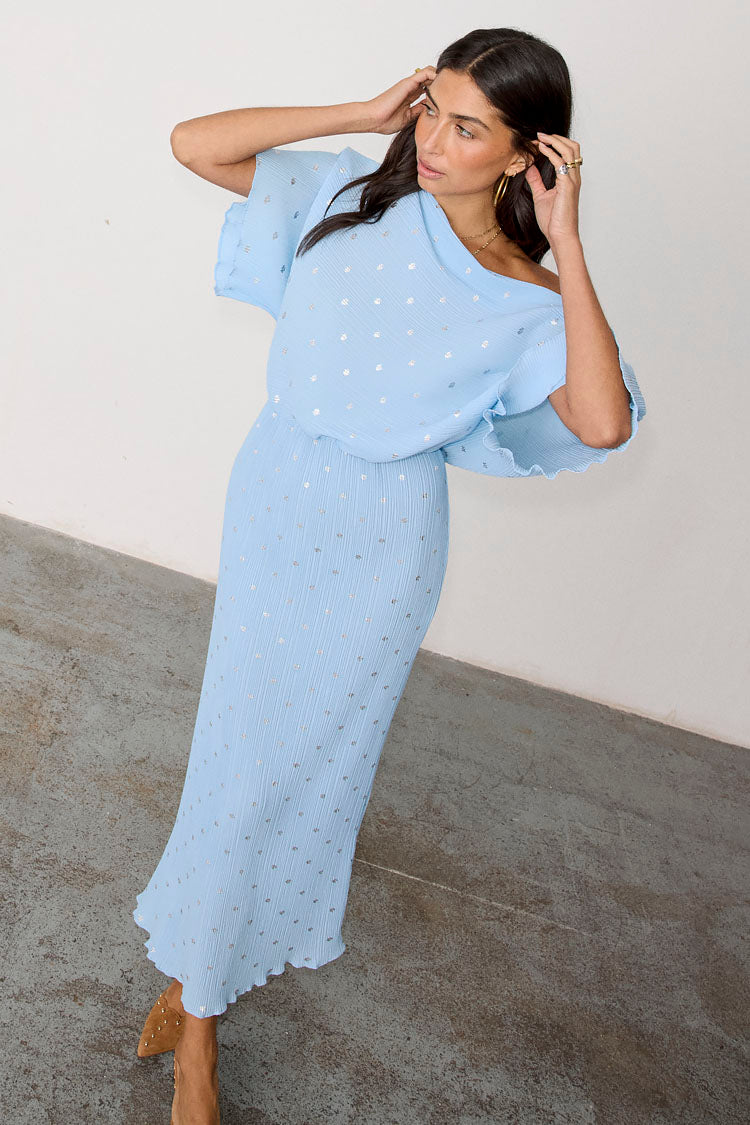 Ice Blue Plisse Tilly Dress with Elastic Waist | Summer Wedding & Vacation