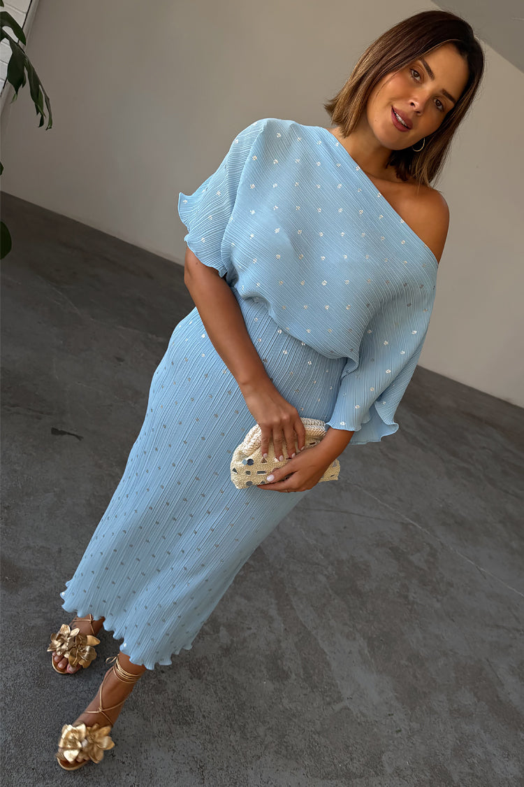 Ice Blue Plisse Tilly Dress with Elastic Waist | Summer Wedding & Vacation