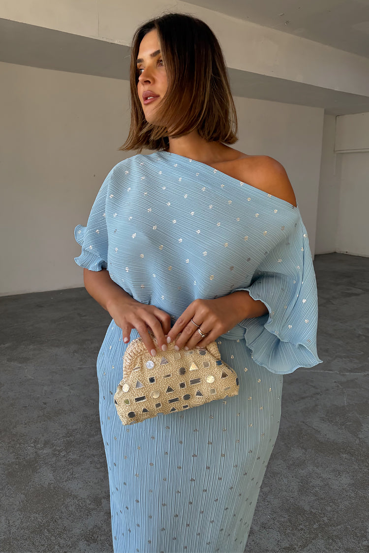 Ice Blue Plisse Tilly Dress with Elastic Waist | Summer Wedding & Vacation