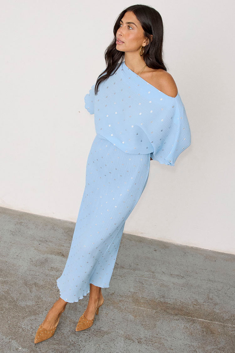 Ice Blue Plisse Tilly Dress with Elastic Waist | Summer Wedding & Vacation