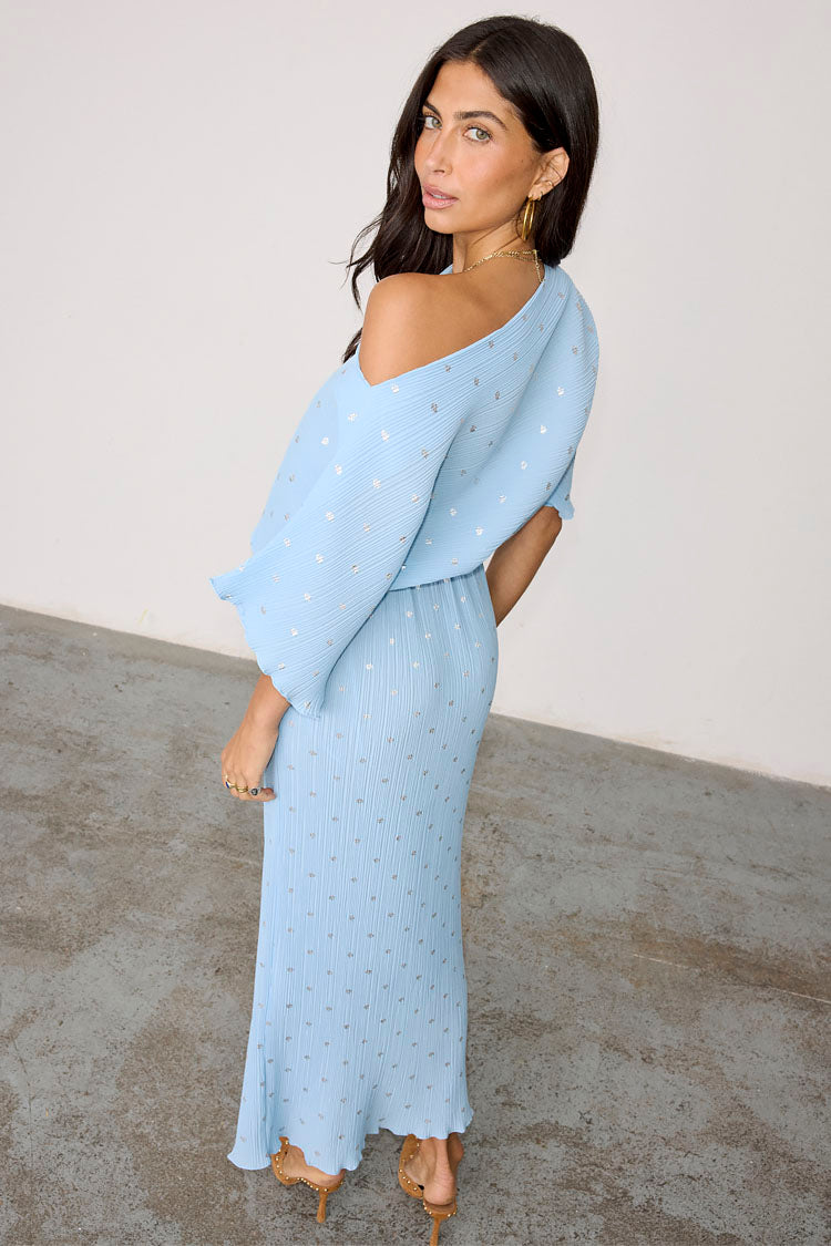 Ice Blue Plisse Tilly Dress with Elastic Waist | Summer Wedding & Vacation